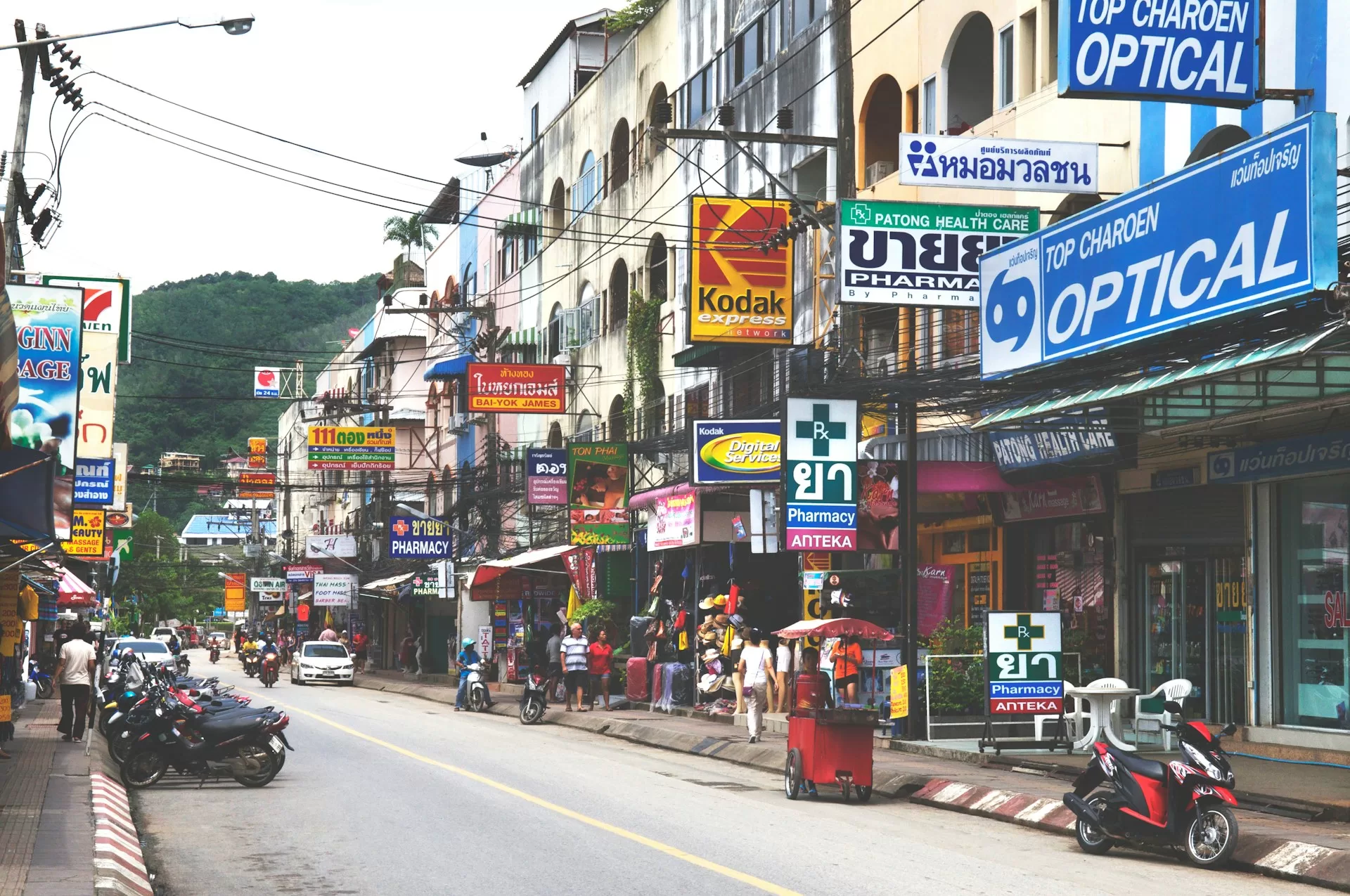 Image of a store-filled street at Patong Beach in Phuket, Thailand.